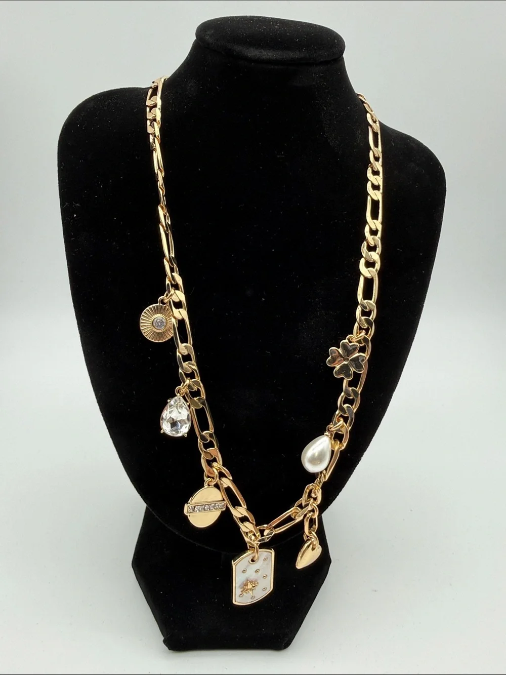 Gold-Tone Charm Necklace with Pearl, Crystal & Medallions
